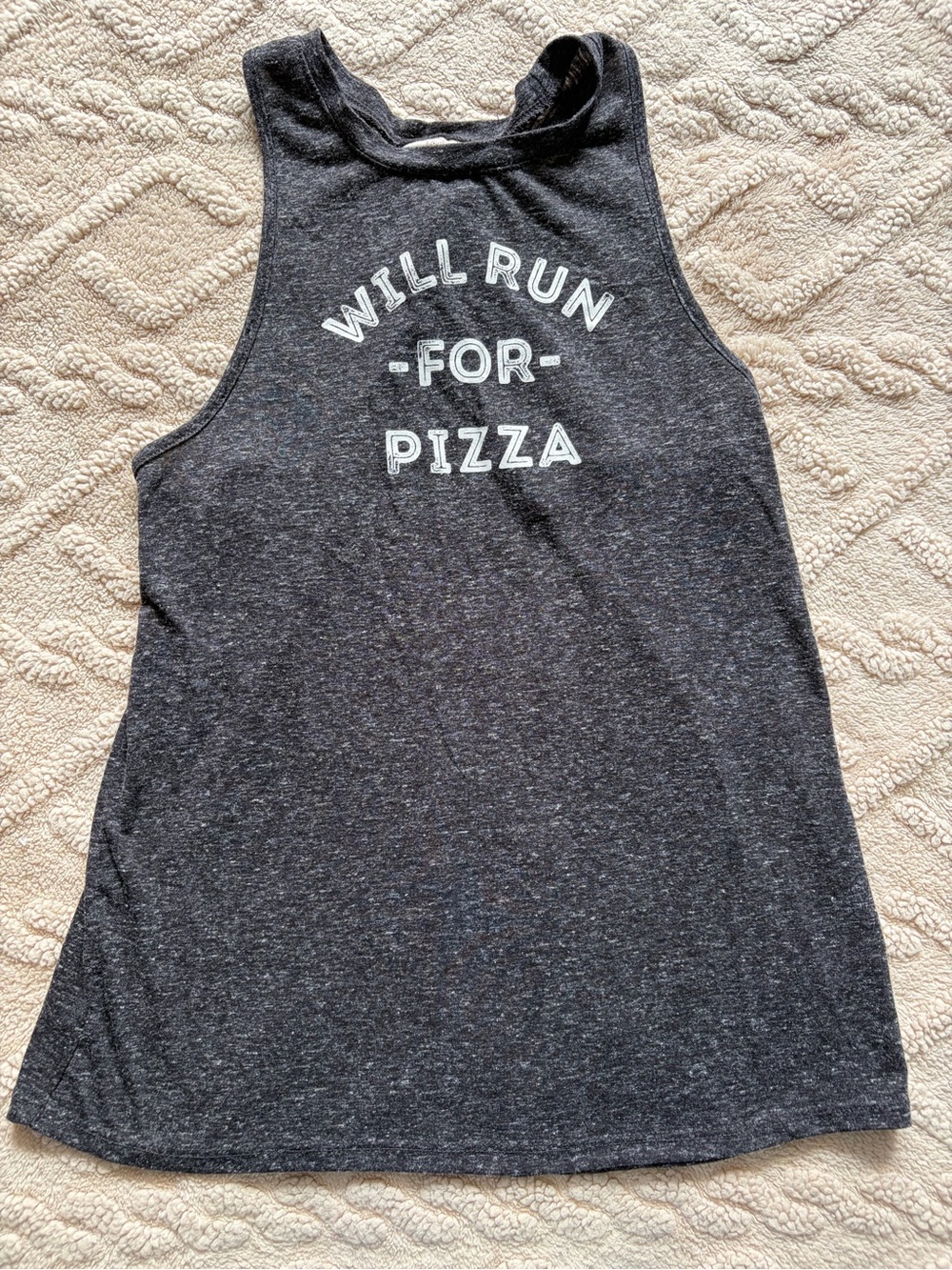 “Will Run For Pizza” Gray Racerback - Graphic Tank Top W/ Tie Knot Straps, M